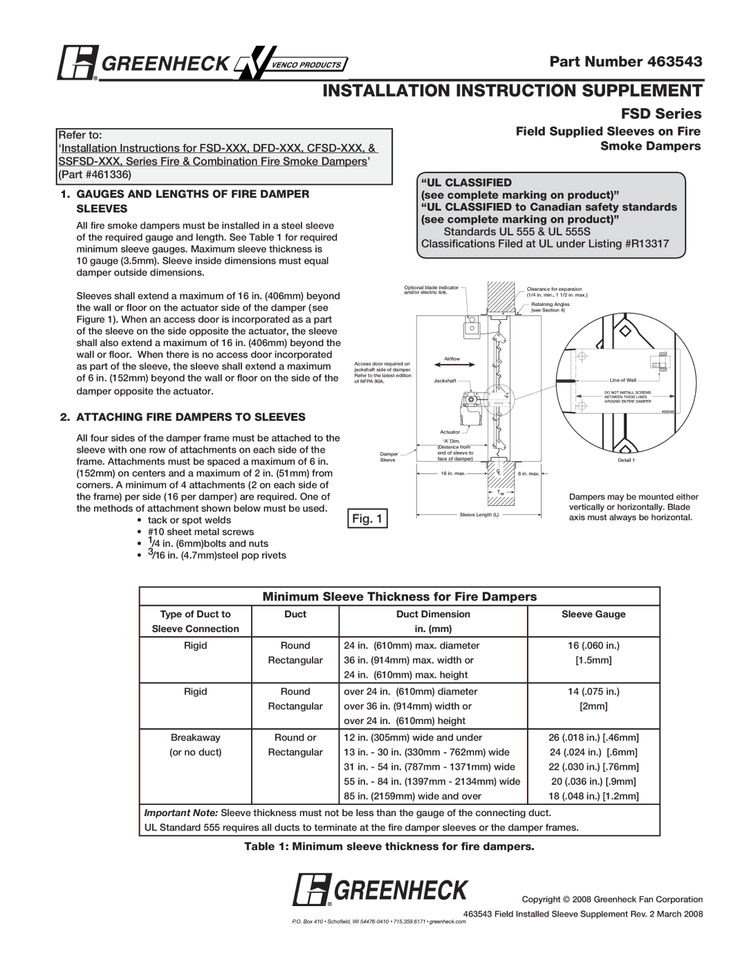 Greenheck Fan 461336 installation instructions INSTALLATION INSTRUCTION Supplement, Part Number, FSD Series 